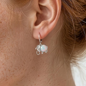 Sterling Silver Elephant Earrings with Lab Created Blue Opal | Lucky Elephant Dangle Jewelry | Animal Lover Gift | Boho Charm Earrings