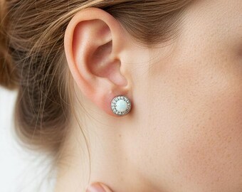 Opal Halo Studs | Sterling Silver, Cubic Zirconia Earrings