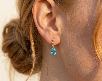 Blue Topaz Earrings in 14k Gold, Pear Cut Blue Gemstone Dangle Earrings, Teardrop Jewelry for Her, December Birthstone Gift, Delicate