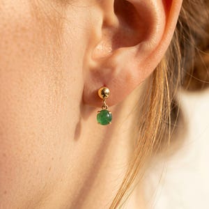 Emerald Dangle Earrings, 14k Gold Studs with Green Gemstone, Minimalist Drop Earrings, Dainty Jewelry Gift for Her, May Birthstone Gift