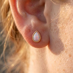 Gold Opal Stud Earrings | Dainty Teardrop Opal Studs | Pear Shaped White Opal Jewelry | Minimalist Gold Earrings | Birthday Gift for Her