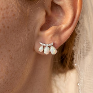 Opal Ear Jacket Earrings, White Pear Shape Opal Studs, Sterling Silver Curved Climber, Boho Bridal Jewelry, October Birthstone Gift for Her