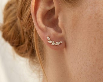 14k Gold Leaf Ear Crawler, Marquise Diamond Ear Climber, Botanical Vine Earring, Minimalist Bridal Jewelry, Dainty Gold Crawler Earring