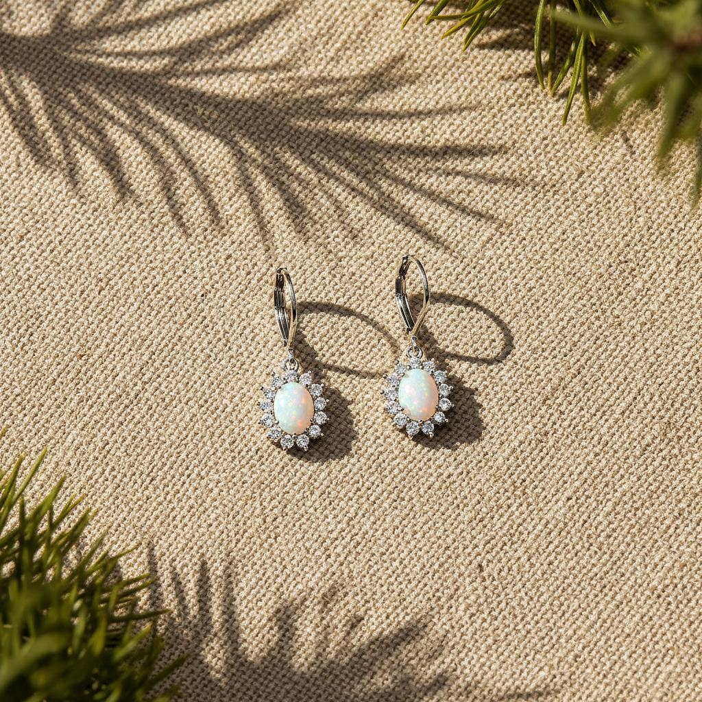 Boucles D'oreilles Plaquées Or Blanc Avec Opale De Feu - Très Belles - Neuf Sans Emballage