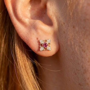 Waterproof Vintage Art Deco Gold Stud Earrings, Pink Gemstone Floral Earring, Ruby and Diamond Studs, Dainty Gift for Her, Boho Earrings