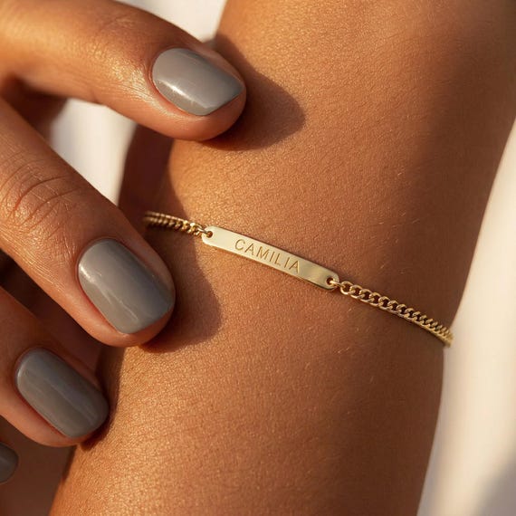 Engraved Name Bar Bracelet, Gold Plated Silver, Personalized Jewelry
