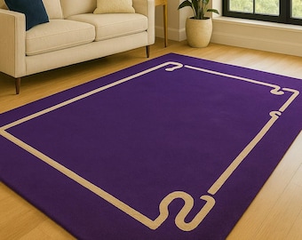 Alfombra de lana morada con diseño de borde moderno, hecha a mano