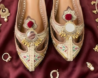 Punjabi Pakistani Jutti, Embellished Indian Khussa Bridal Flats, Beige Bellies