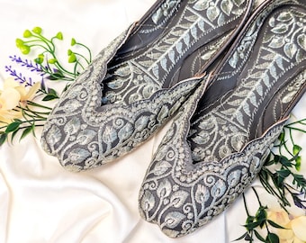 Grey Handcrafted Embellished Jutti Mojaris, Indian Ethnic Khussa Flats, Bridal Shoes