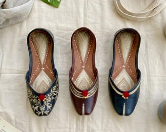 Black Handcrafted Punjabi Jutti, Embellished Indian Khussa Bridal Flats, Brown Bellies