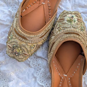 Golden Handcrafted Punjabi Jutti, Embellished Indian Khussa Bridal Flats, Beige Bellies