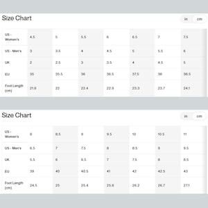 May include: A shoe size chart with measurements in inches and centimeters. The chart includes US Women's, US Men's, UK, and EU sizes, along with corresponding foot lengths in centimeters, ranging from 21.6 cm to 27.1 cm.