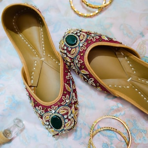 RED Handcrafted Punjabi Jutti, Hand Embroidered Embellished Indian Khussa Bridal Flats, Beige Bellies