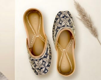 SKY BLUE Handcrafted Punjabi Jutti, Embellished Indian Khussa Bridal Flats, Beige Bellies