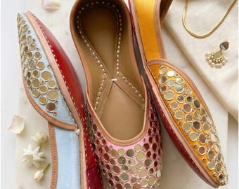 Pink Handcrafted Punjabi Jutti, Embellished Indian Khussa Bridal Flats, Beige Bellies