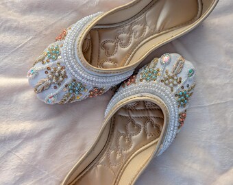 White Handcrafted Punjabi Jutti, Embellished Indian Khussa Bridal Flats, Beige Bellies