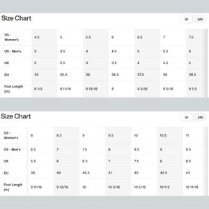 May include: Two shoe size charts with measurements in inches and centimeters. The charts display US Women's, US Men's, UK, and EU sizes, along with corresponding foot lengths in inches. The charts range from size 4.5 to 11.