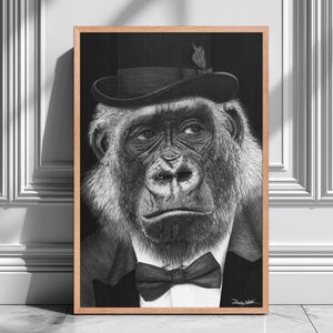 Funny Office Decor Framed Print | Dapper Chimpanzee Animal Portrait Art, Charcoal Monkey Wall Art