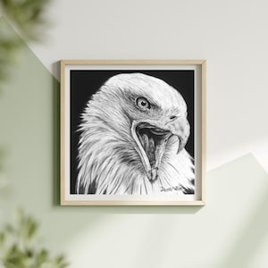 白頭ワシの炭画による壁画ハイパーリアリスティック野生動物の動物ポートレート：白黒野生動物モノクロキャンバスオリジナルアートワーク