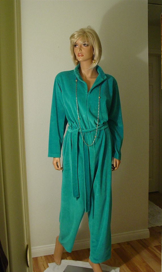 Mid Century Turquoise Velour Velvet Jumpsuit