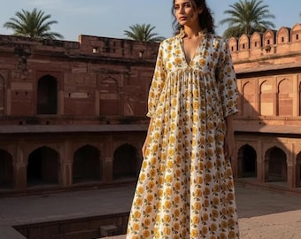 Floral Block Print, Cotton Maxi Dress, Cotton Midi Dress, Summer Dress, Indian Bagru Block Print, Yellow Bohemian Dress