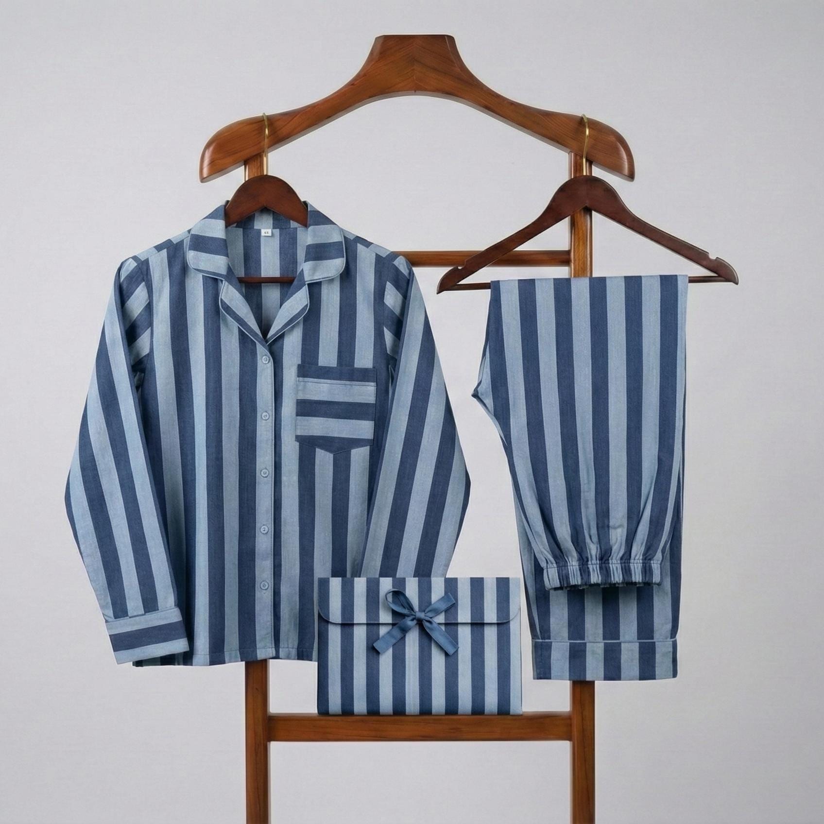 Handmade Cotton Pajama Set, Blue Stripe Summer Nightwear, Boho Loungewear, Women Sleepwear, Nightwear, Organic Cotton,