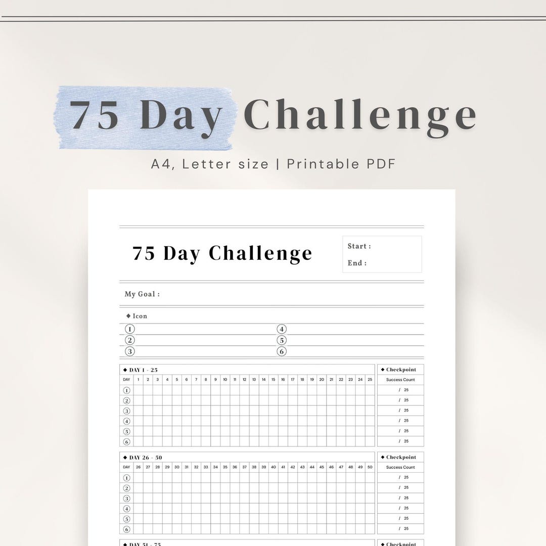 75 Day Challenge Tracker Printable: Wellness Habit Checklist (A4, US ...