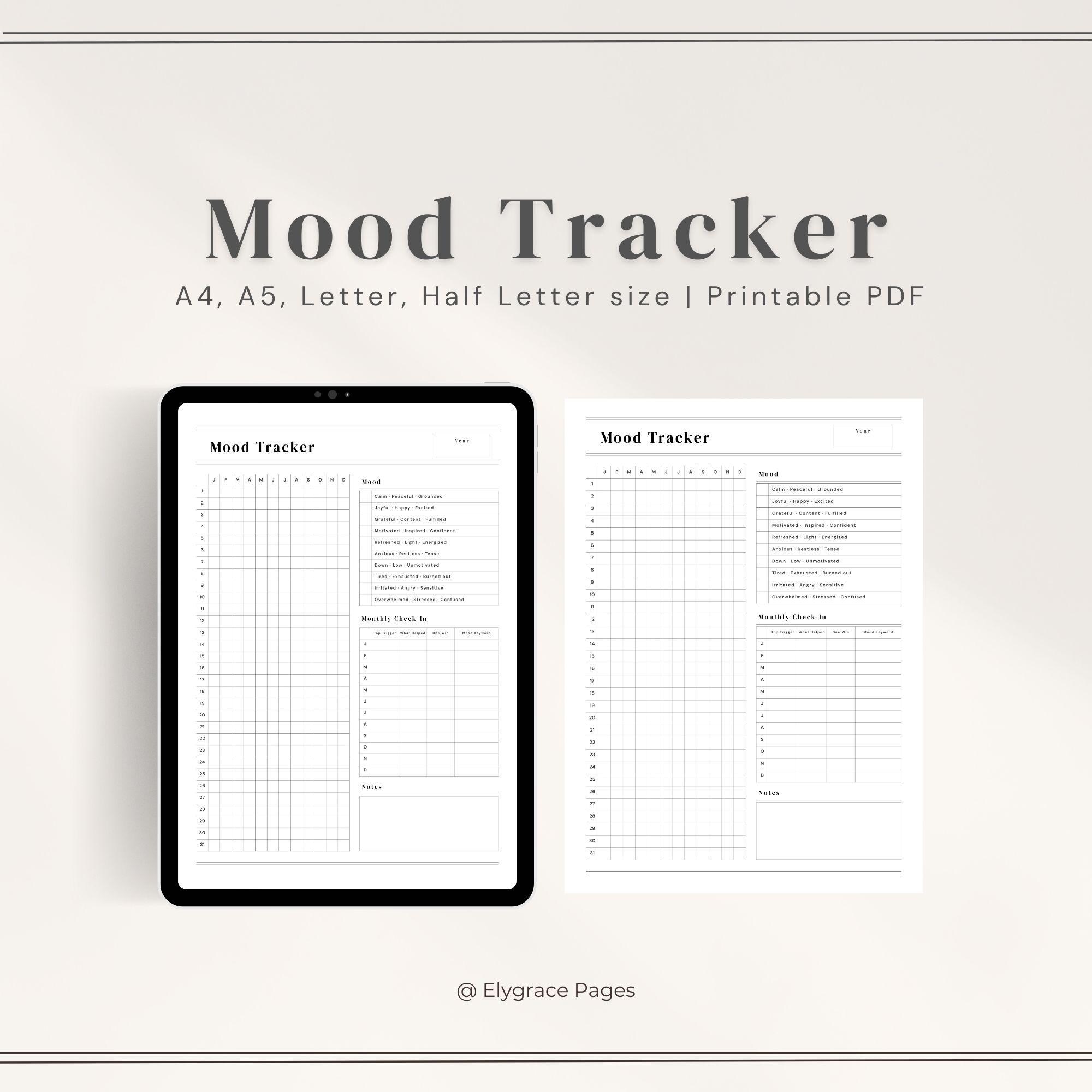 One Page Yearly Mood Tracker Printable Year in Pixels Mood List and ...