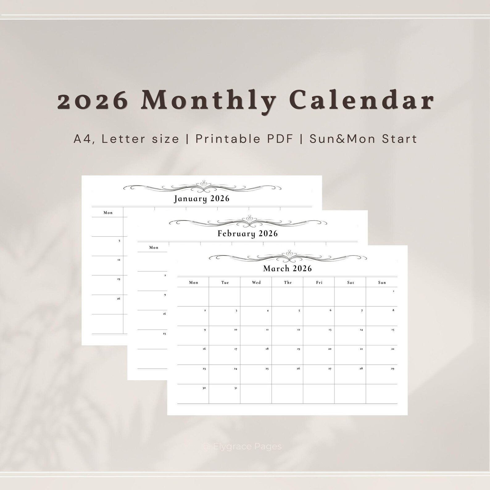 2026 Minimalist Monthly Calendar Printable Classic Clean Landscape PDF ...