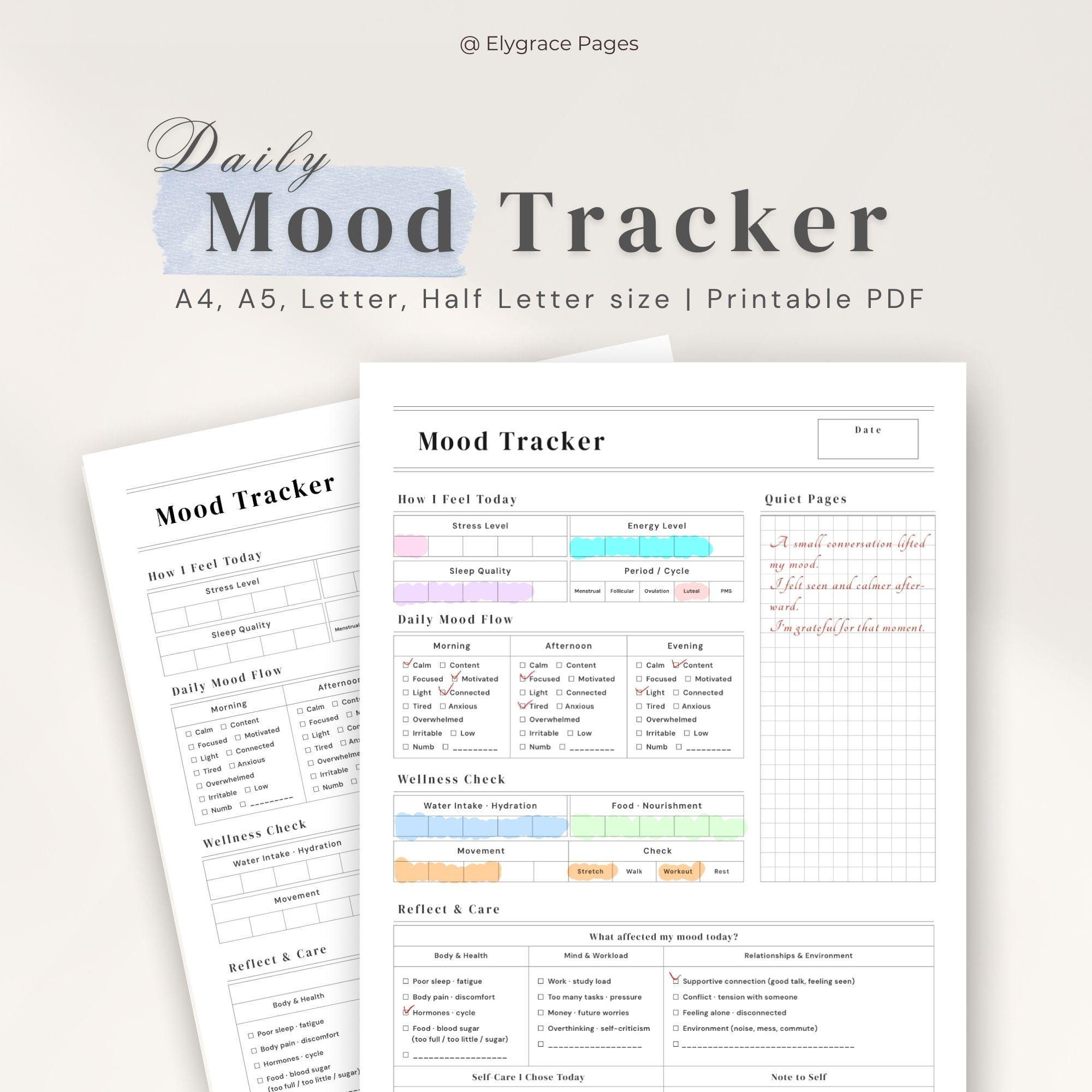 Daily Mood Tracker Printable: Emotional Check-in, A4/a5/letter/half ...