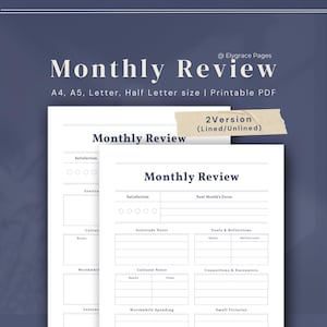 May include: Printable PDF monthly review planner with a navy blue background. The planner includes sections for satisfaction, gratitude, goals, and cultural notes. Text on the image includes "Monthly Review" and "2 Version (Lined/Unlined)".