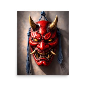 Oni Red Mask Wall Hanging with Blue Cord – Japanese Demon Decor