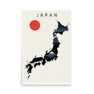 May include: A minimalist poster featuring a black silhouette of the Japanese islands against a cream background. A red circle represents the sun, and the word "JAPAN" is printed at the top. The image includes a depiction of Mount Fuji.