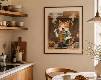 Ramen Cat Poster – Kawaii Anime Kitchen Wall Art, Japanese Food Illustration
