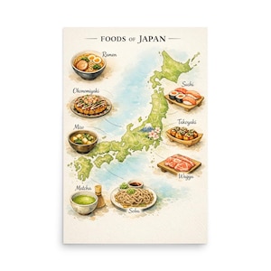 Puede incluir: Impresión en acuarela titulada "Foods of Japan" con un mapa de Japón con ilustraciones de varios platos japoneses. Los platos incluyen ramen, okonomiyaki, sushi, takoyaki, wagyu, miso, matcha y soba.