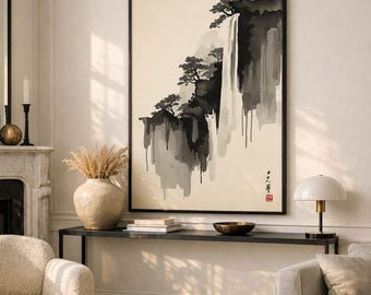 Vattenfallsinspirerad Sumi-e | Minimalistisk japansk väggkonst med bläcktvätt | Zen Naturdekor