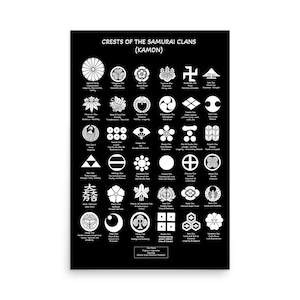 Puede incluir: Póster en blanco y negro con varios escudos de clanes samuráis japoneses, o Kamon. El póster incluye el título "Crests of the Samurai Clans (Kamon)" en la parte superior, con cada escudo etiquetado con el nombre y el significado de su clan.