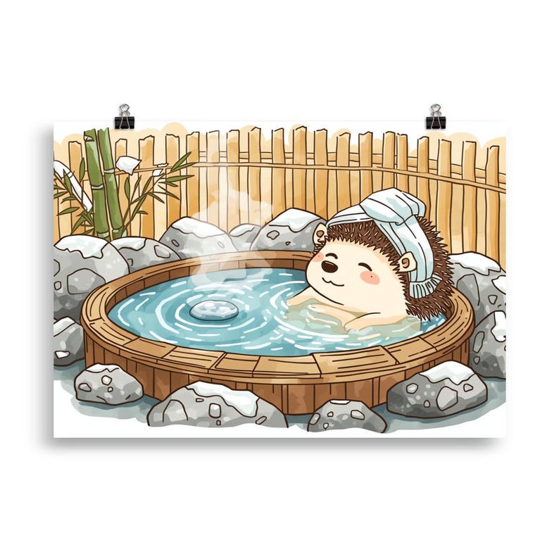 Hedgehog Onsen – Cute Japanese Hot Spring Wall Art – Cozy Kawaii Animal ...