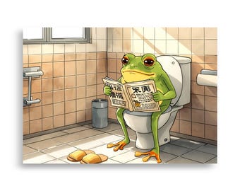 Funny Frog on Toilet Poster – Whimsical Bathroom Wall Art, Humorous Animal Print
