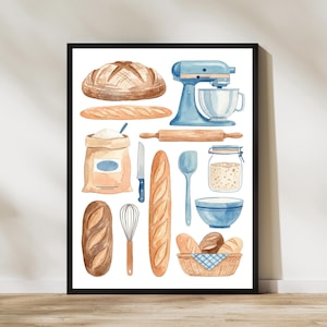 May include: Watercolor illustration of baking tools and bread. Includes a blue stand mixer, rolling pin, flour sack, bread loaves, a whisk, a knife, a spoon, a bowl, and a basket of bread. The image is framed in a black border.
