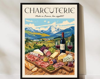 Charcuterie Board Poster French Food Art Wine & Cheese Print Countryside Kitchen Decor Alpine Landscape Wall Art Rustic Culinary