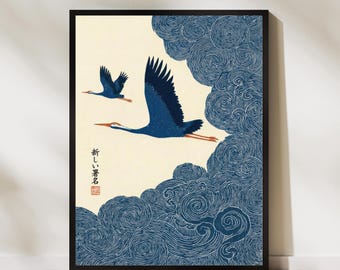 Japanese Crane in Swirling Cloud Skies, Woodblock-style Poster - Etsy