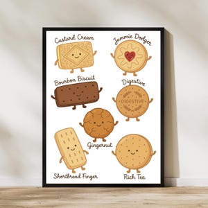 May include: A framed print showcasing cartoon biscuits: Custard Cream, Jammie Dodger, Bourbon Biscuit, Digestive, Ginger Nut, Shortbread Finger, and Rich Tea. Each biscuit has a smiling face and is labelled with its name, perfect for a kitchen.