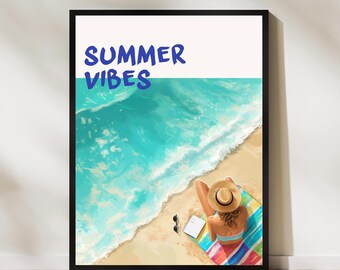 Summer Vibes Beach Art Print Relaxing Ocean Poster Coastal Summer Decor Tropical Wall Art Girl on Beach Illustration Travel Home Artwork