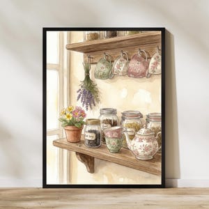 May include: A watercolour illustration of a wooden shelf holding glass jars of tea, a floral teapot, and stacked teacups. A bundle of dried lavender hangs from a hook, and a terracotta pot with yellow and pink primrose flowers sits on the shelf.