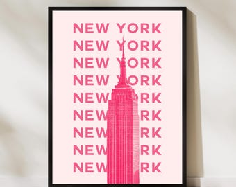 New York City Poster Modern Pink Empire State Building Print NYC Wall Art Contemporary Travel Decor Bold Typography New York Artwork