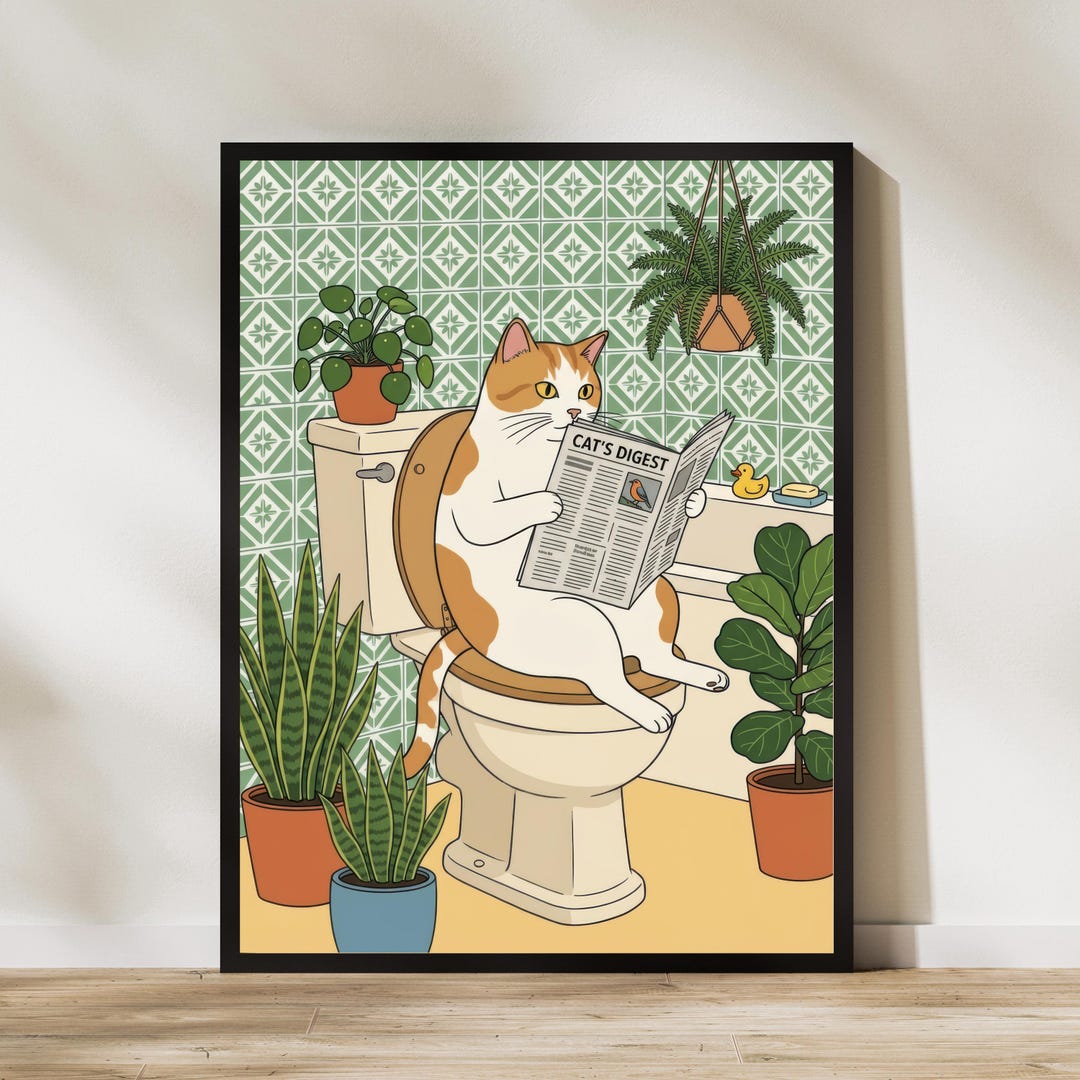 Funny Cat Bathroom Art Print Cat Reading Newspaper on Toilet Whimsical ...