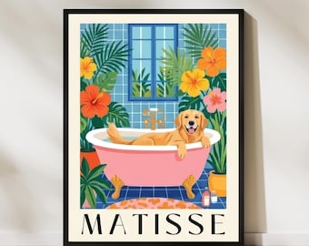 May include: A framed art print depicting a golden retriever in a pink bathtub, surrounded by tropical plants and flowers. The background features a blue tiled wall. The word "MATISSE" is printed at the bottom of the artwork.