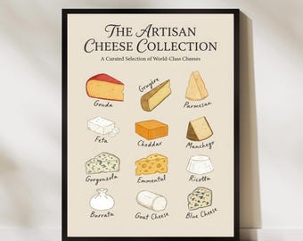 Artisan Cheese Collection Print Keuken Muurkunst Gastronomisch Eten Illustratie Rustiek Eetkamerdecor Culinary Cheese Lover Poster Artwork