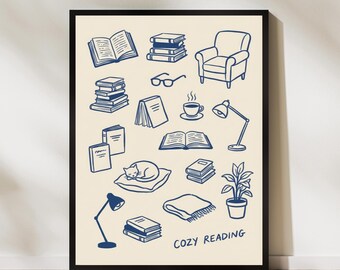 Cozy Reading Poster Book Lover Art Reading Nook Print Relaxing Home Decor Cat and Books Illustration Warm Cozy Study Room Wall Art
